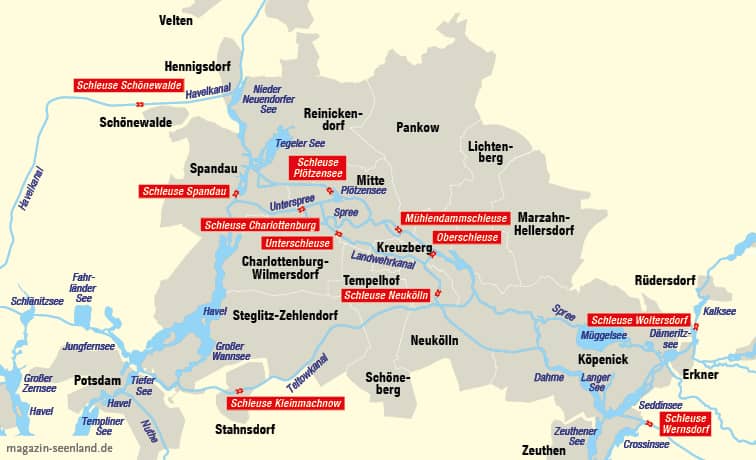 Hausboot Karte für das Fahrgebiet auf den Gewässern Spree und Havel und den Seen in Berlin mit dem Motorboot