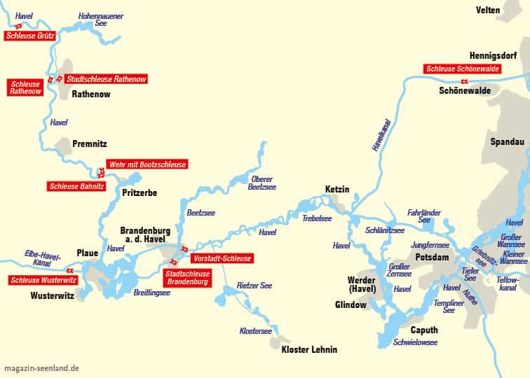 Überblick über das Fahrgebiet für einen Urlaub auf dem gemieteten Hausboot oder Motorboot zwischen Rathenow, Brandernburg an der Havel, Werder und Potsdam.